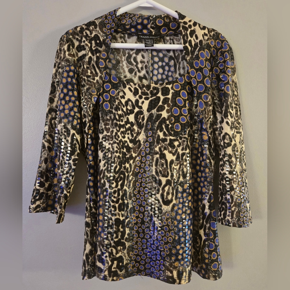 Vintage Lyman Blouse Top 3/4 Sleeve Animal Print Blue Brown Beige Women Size 12